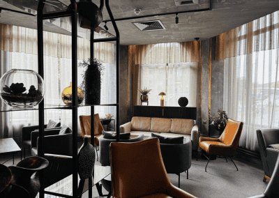 Bespoke wave voile curtains at Opheem Birmingham, enhancing the restaurant’s modern and elegant interior with tailored soft furnishings.