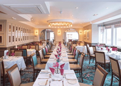 Interiors of Sheraton Hotel Blackpool featuring contract furniture, lounge seating, bedroom furniture, and bespoke curtains, pelmets, and blinds reflecting the hotel’s vibrant coastal design.