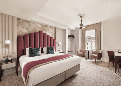 Bedroom interiors for Clifton Hotel, a Victorian, seaside hotel featuring bespoke statement headboards, bedroom furniture and soft furnishings to complement the hotel’s aesthetic.