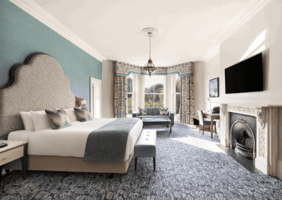 Bedroom interiors for a Victorian, seaside hotel featuring bespoke statement headboards, bedroom furniture and soft furnishings to complement the hotel’s aesthetic.