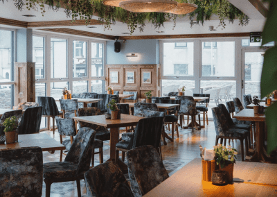 Interior of a restaurant featuring contract furniture and fixed seating for an elegant look, enhancing the character of this countryside gastropub.