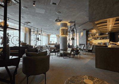 Bespoke wave voile curtains at Opheem Birmingham, enhancing the restaurant’s modern and elegant interior with tailored soft furnishings.