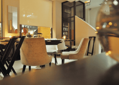 Fine dining interior at Maribel Birmingham featuring contract furniture and soft furnishing by Jameson Seating for an elegant and understated atmosphere.