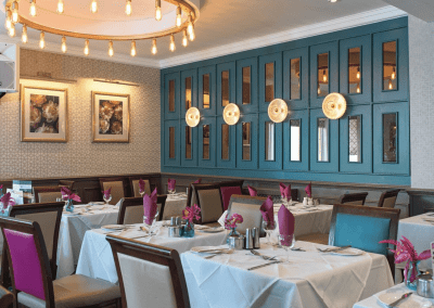 Interiors of Sheraton Hotel Blackpool featuring contract furniture, lounge seating, bedroom furniture, and bespoke curtains, pelmets, and blinds reflecting the hotel’s vibrant coastal design.