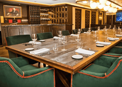 Interior of The Forest Hotel, a boutique hotel with sophisticated private dining room, featuring bespoke restaurant furniture with elegant detailing.