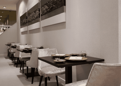 Fine dining interior featuring contract furniture and soft furnishing by Jameson Seating for an elegant and understated atmosphere.