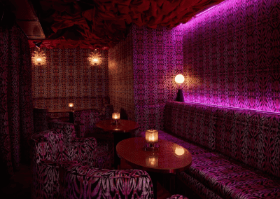 Interior of The Knox London, a stylish and immersive nightclub featuring bespoke soft furnishings and bespoke seating and furniture to enhance the nighttime atmosphere.