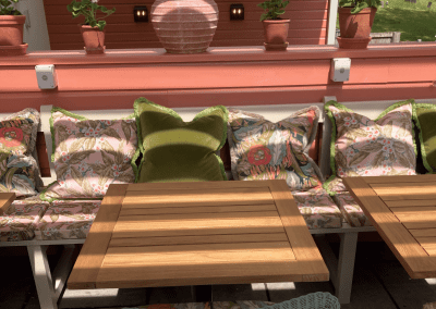 Pub Interior featuring bespoke bar stools, dining chairs, tables, curtains, and cushions to create a cricket-inspired atmosphere.