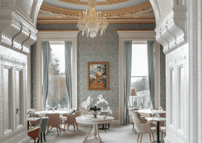 Elegant soft furnishings at Heythrop Park, Oxfordshire, featuring bespoke curtains and accent pieces, blending period charm with refined comfort.