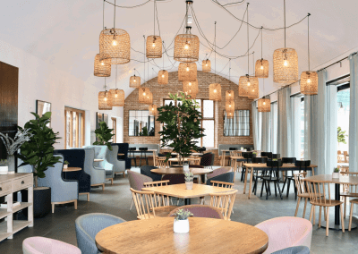 Bespoke curtains and soft furnishings for cafes, in bright and neutral colours to create an inviting and contemporary feel.