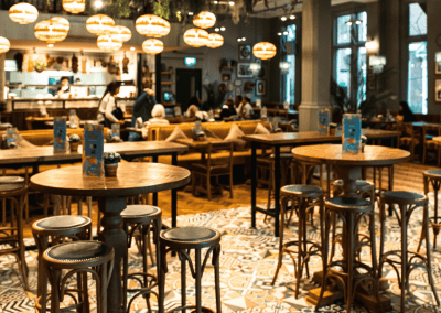Bespoke restaurant seating in vibrant colours and bold fabrics for an Argentinian-inspired restaurant with a lively atmosphere.