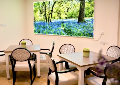 Interior picture of a residential care home, featuring calming and comfortable furniture in a range of rooms, to support senior living.