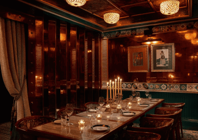 Bespoke curtains and soft furnishings for this restaurant interior, featuring luxurious fabrics and elegant design details that enhance the restaurant’s sophisticated atmosphere.