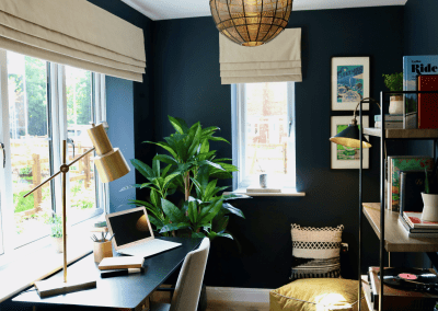 Interiors of show homes featuring bespoke curtains and blinds by Jameson Seating, complementing family-friendly, modern living spaces.