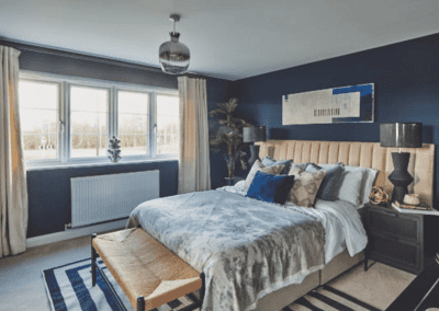 Interiors of show homes featuring bespoke curtains and blinds by Jameson Seating, complementing family-friendly, modern living spaces.
