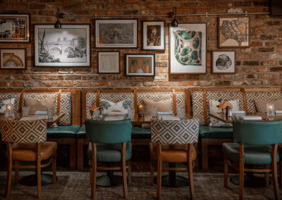 Contract hotel furniture in bar, lounge, and dining areas at a city hotel, showcasing style, comfort, and quality.