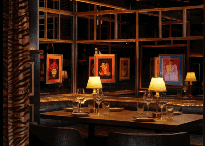 Bespoke curtains and soft furnishings for this restaurant interior, featuring luxurious fabrics and elegant design details that enhance the restaurant’s sophisticated atmosphere.