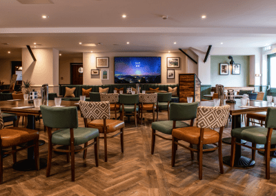 Contract hotel furniture in bar, lounge, and dining areas at a city hotel, showcasing style, comfort, and quality.