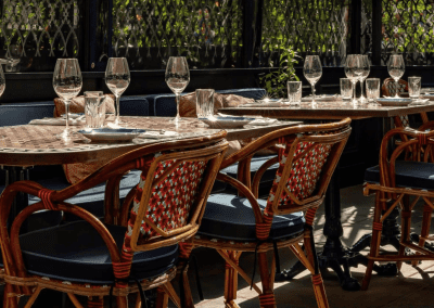 Bespoke curtains and soft furnishings for this restaurant interior, featuring luxurious fabrics and elegant design details that enhance the restaurant’s sophisticated atmosphere.