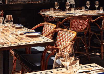 Bespoke curtains and soft furnishings for this restaurant interior, featuring luxurious fabrics and elegant design details that enhance the restaurant’s sophisticated atmosphere.