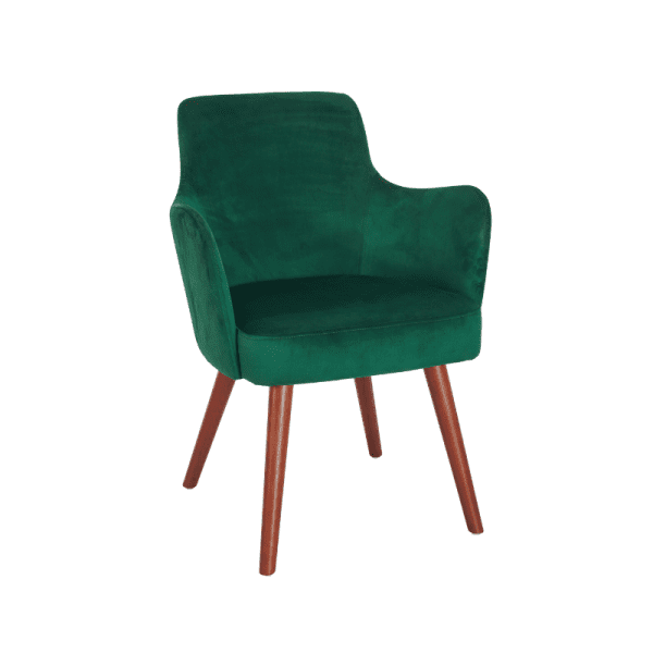 Product image of a 4-leg wooden frame armchair with curved back and fully upholstered seat.