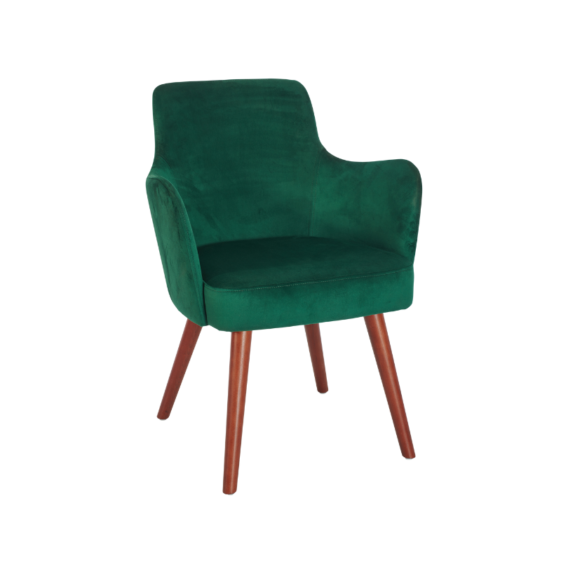 Product image of a 4-leg wooden frame armchair with curved back and fully upholstered seat.