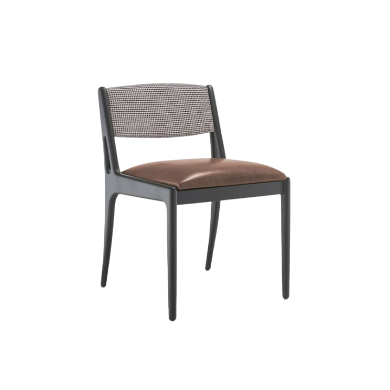 An image of a dining chair showing its frame, seat and backrest.